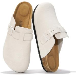 Project Cloud Mens Clogs – 100% Full Grain Genuine Leather Memory Foam Clogs for Men Arch Support Cork Footbed – Non Slip Platform Mules (Brooklyn)(White Suede)