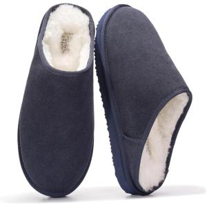 Project Cloud Mens Slippers 100% Genuine Leather and Genuine Shearling Lining – House Slippers for Men with Memory Foam Insole – Lightweight & Non Slip Mens House Shoes (Chill)(Navy Suede)