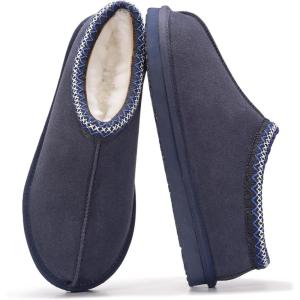 Project Cloud Mens Slippers 100% Genuine Leather with Australian Shearling Lining & Memory Foam Insole Outdoor & House Slippers for Men – Non-Slip Fuzzy Mens Shoes(Relaxation)(Navy)