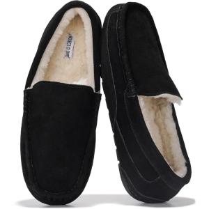 Project Cloud Mens Slippers 100% Genuine Leather with Memory Foam Insole Mens Shoes – Non-Slip and Lightweight Indoor and Outdoor Slippers for Men (Oswin)(Black Suede)