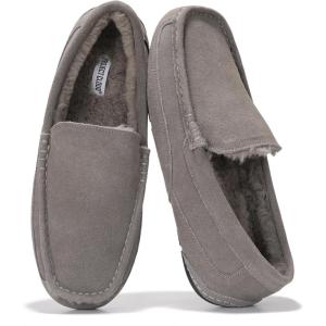 Project Cloud Mens Slippers 100% Genuine Leather with Memory Foam Insole Mens Shoes – Non-Slip and Lightweight Indoor and Outdoor Slippers for Men (Oswin)(Grey Suede)