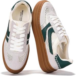 Project Cloud Platform Sneakers for Women Footwear – Memory Foam Insole Womens Shoes, Lightweight and Non-Slip Sole Lace Up Fashion Sneakers (Dodge)(White-green Stripe)