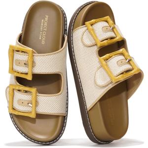 Project Cloud Platform Summer Sandals for Women 2025 – Comfortable and Adjustable Straps Summer Slides with Memory Foam Insole – Non-Slip Casual Womens Sandals(Beige-yellow Buckle)