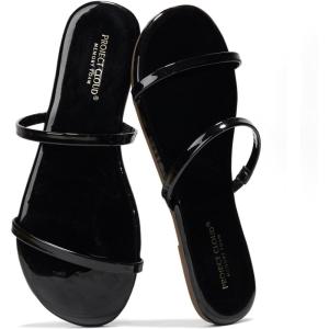 Project Cloud Summer Sandals for Women 2025 – Memory Foam Insole and Vegan Leather Beach Flip Flops for Women – Non Slip and Lightweight Double Strap Womens Sandals (Transition)(Black Patent)