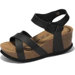 Project Cloud Genuine Leather Wedge Sandals for Women 2025 – Womens Sandals & Wedges with Memory Foam Insole & Cork Footbed – Platform Wedges Women Footwear (Cabana)(Black)