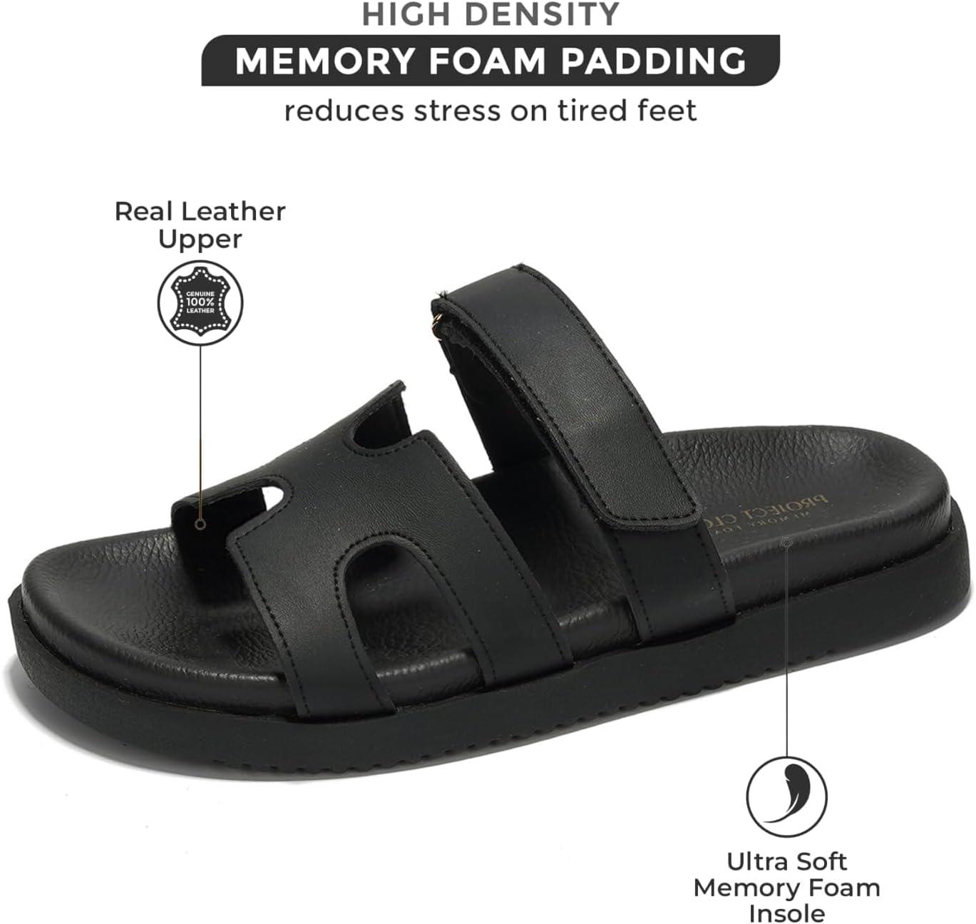 imageProject Cloud Genuine Leather Womens Sandals Stylish ampamp Comfy Sandals for Women Footwear with Memory Foam Insole SlipResistant Slides for Women MayvenBlack