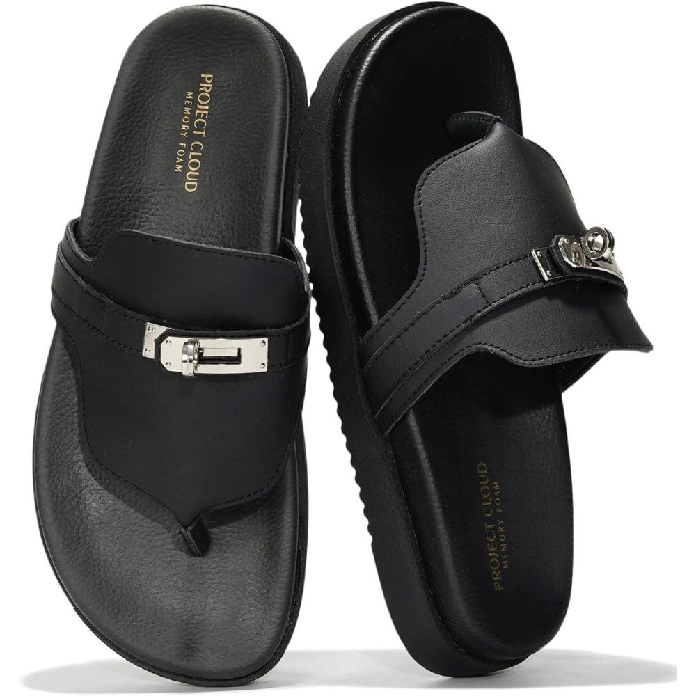 imageProject Cloud Genuine Leather Womens Sandals  Memory Foam Summer Sandals for Women 2025  Slip on Slides for Women Non Slip Womens Slides Vita