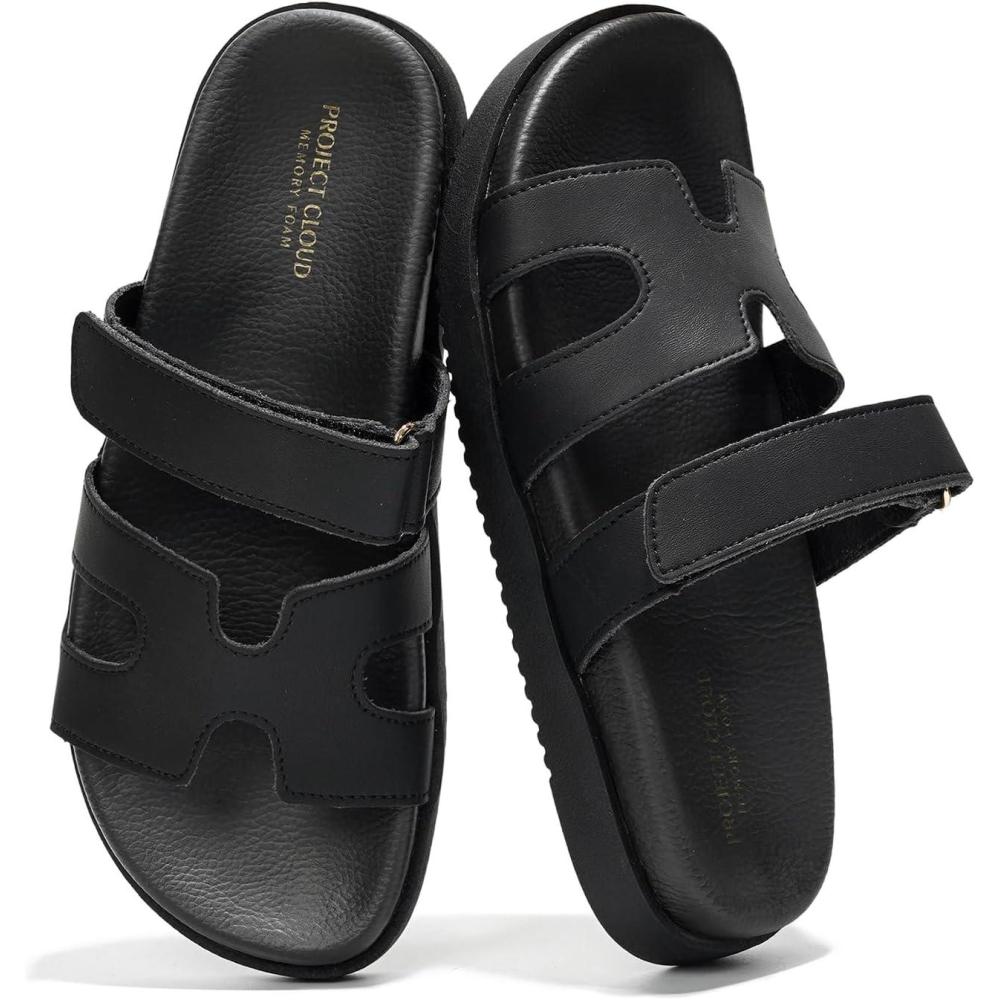 imageProject Cloud Genuine Leather Womens Sandals Stylish ampamp Comfy Sandals for Women Footwear with Memory Foam Insole SlipResistant Slides for Women MayvenBlack