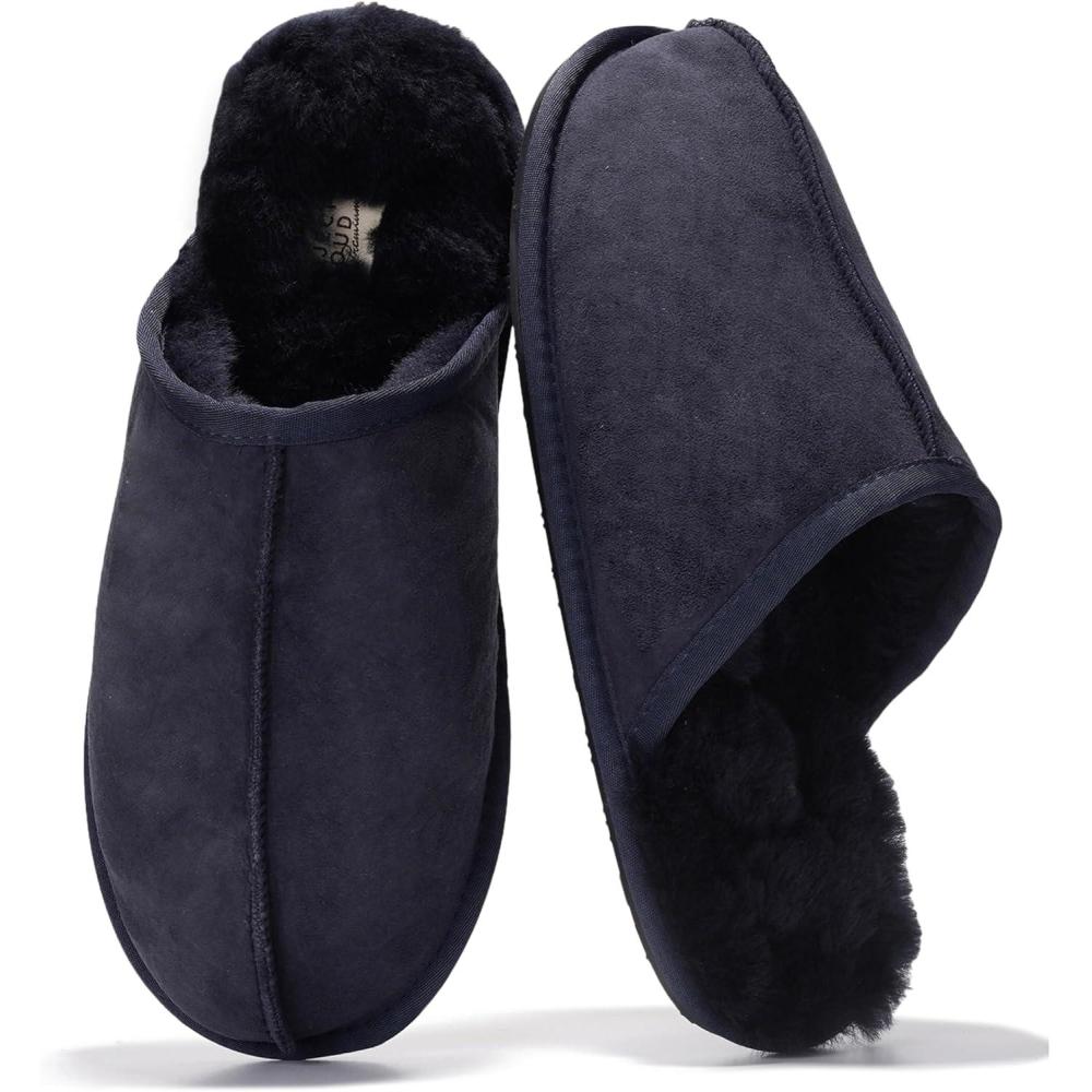 imageProject Cloud Mens Slippers 100 Genuine Leather and Genuine Shearling Lining  House Slippers for Men with Memory Foam Insole  Lightweight ampamp Non Slip Mens House Shoes ChillNavy Suede Scuff