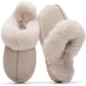 Project Cloud 100% Genuine Leather Slippers for Women Footwear with Genuine Fur Lining Womens Clogs & Mule – Non-Slip Indoor/Outdoor Scuff Womens Slippers with Memory Foam Insole(Sand Suede)