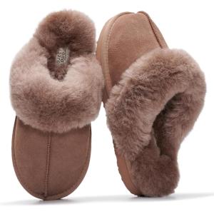 Project Cloud 100% Genuine Leather Slippers for Women Footwear with Genuine Fur Lining Womens Clogs & Mule – Non-Slip Indoor/Outdoor Scuff Womens Slippers with Memory Foam Insole(Camel Suede)