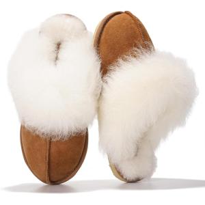 Project Cloud 100% Genuine Leather Slippers for Women Footwear with Genuine Fur Lining Womens Clogs & Mule – Non-Slip Indoor/Outdoor Scuff Womens Slippers with Memory Foam Insole(Scuff Fur-chestnut)