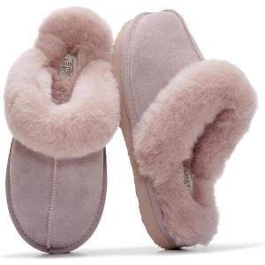 Project Cloud 100% Genuine Leather Slippers for Women Footwear with Genuine Fur Lining Womens Clogs & Mule – Non-Slip Indoor/Outdoor Scuff Womens Slippers with Memory Foam Insole(Dusty Pink Suede)