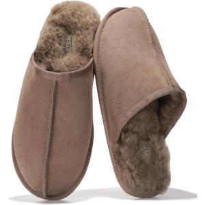Project Cloud Mens Slippers 100% Genuine Leather and Genuine Shearling Lining – House Slippers for Men with Memory Foam Insole – Lightweight & Non Slip Mens House Shoes (Chill)(Taupe Scuff)