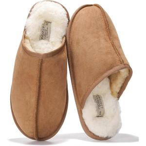 Project Cloud Mens Slippers 100% Genuine Leather and Genuine Shearling Lining – House Slippers for Men with Memory Foam Insole – Lightweight & Non Slip Mens House Shoes (Chill)(Chestnut Scuff)