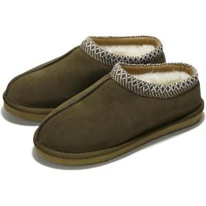 Project Cloud Mens Slippers 100% Genuine Leather with Australian Shearling Lining & Memory Foam Insole Outdoor & House Slippers for Men – Non-Slip Fuzzy Mens Shoes(Relaxation)(Olive)